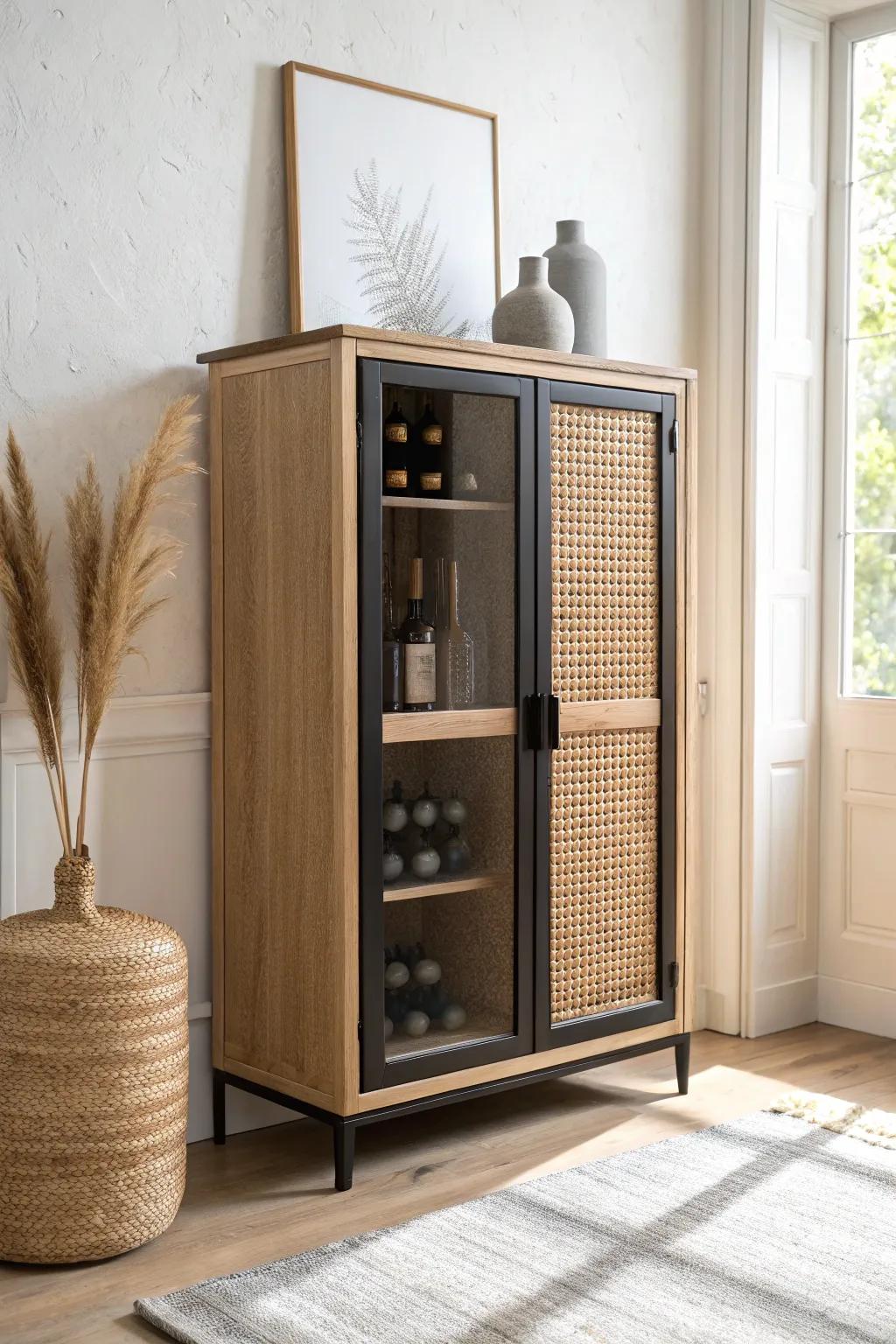 Airy cane door inserts add texture and airflow while letting your wine collection peek through.