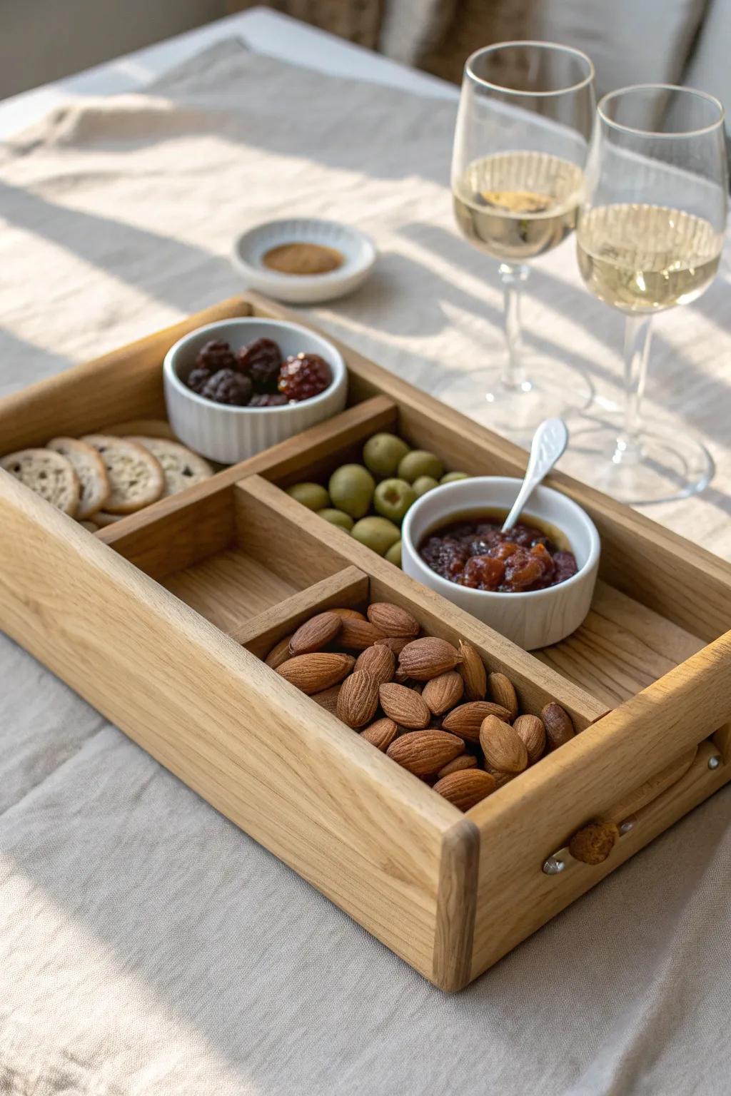 Upcycled drawer wine snack tray with built-in compartments—rustic, minimal, and so chic.