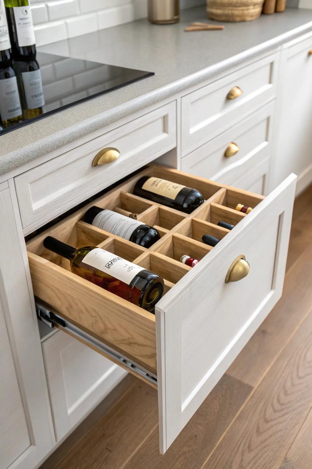 A sleek pull-out pantry wine drawer that keeps every bottle visible and beautifully stored.