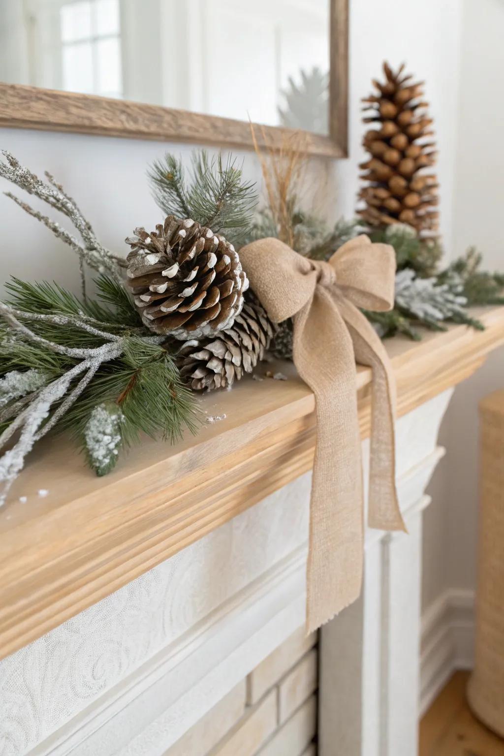 Frost-dusted pinecones and birch on pale oak—an easy, snowy winter mantel moment.