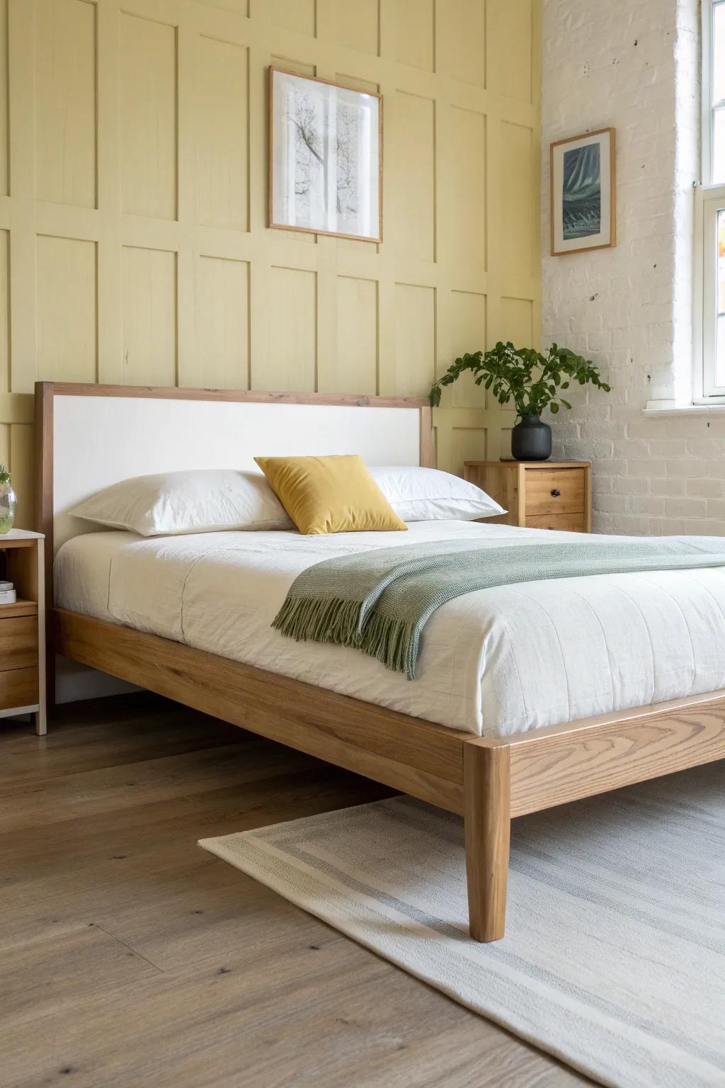 Two-tone bed frame: light oak legs with rich walnut rails for instant designer contrast.