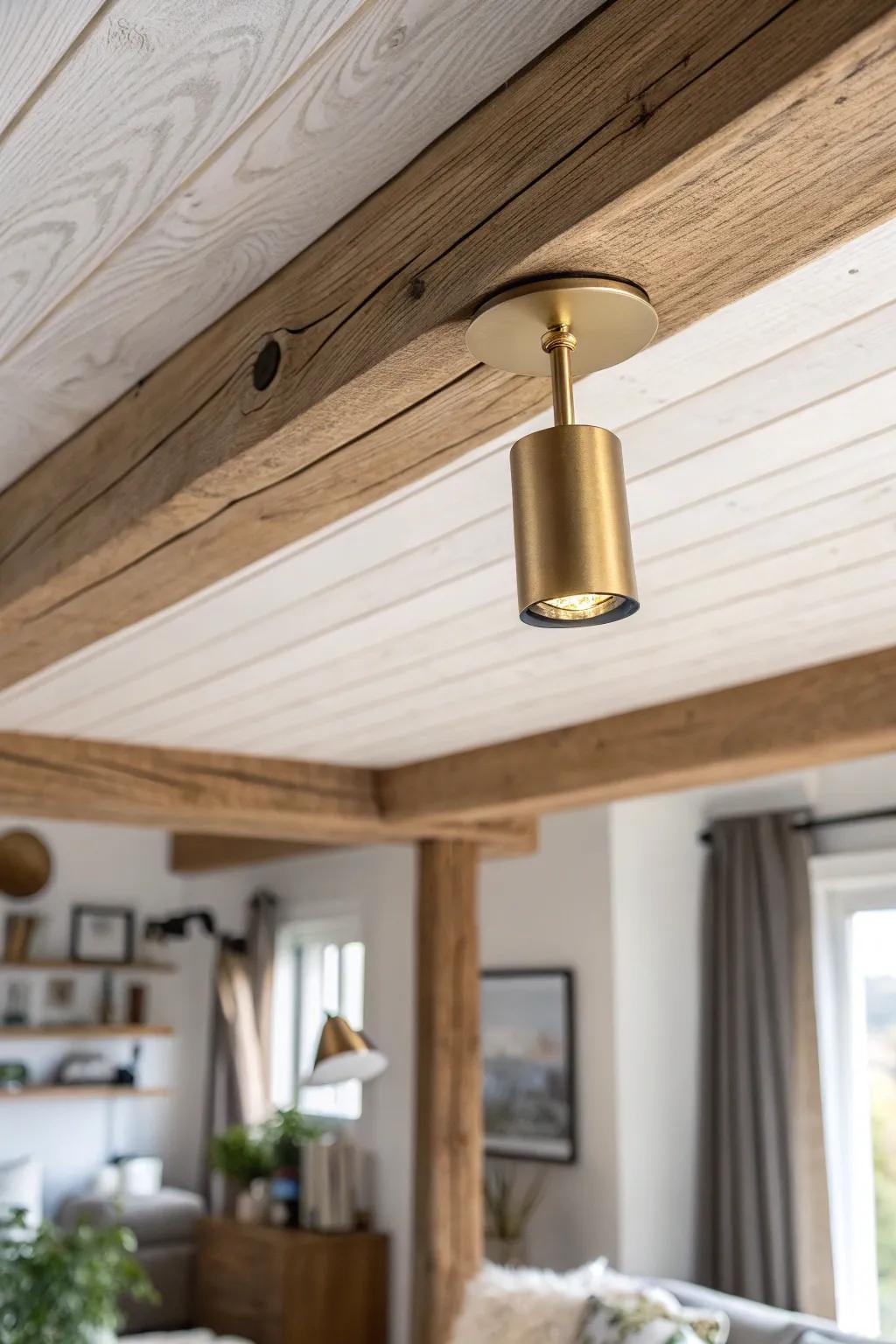 A beam-washer spotlight grazing oak beams—bringing every knot and saw mark into beautiful focus.