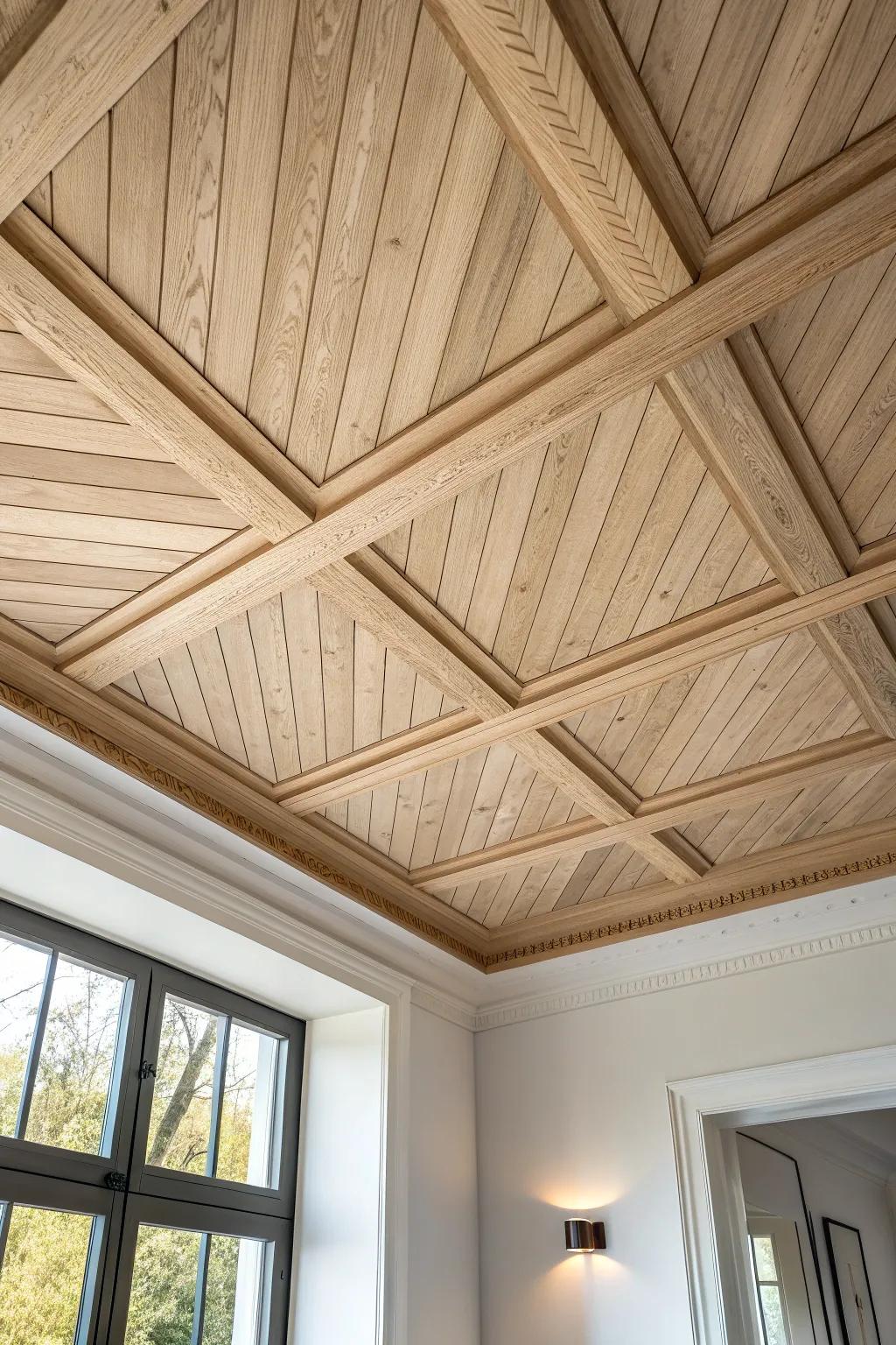 Herringbone border trim frames simple ceiling planks—an easy upgrade that looks custom-built.