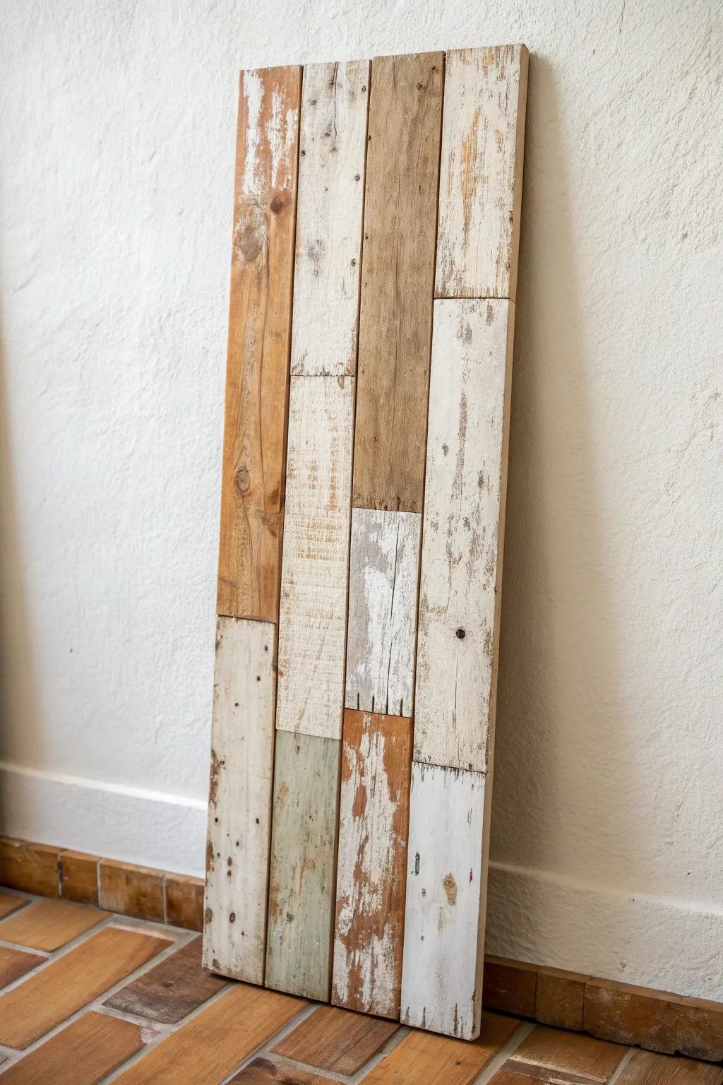 Torn-paper patchwork decoupage turns a reclaimed board into soft, rustic-modern wall art.