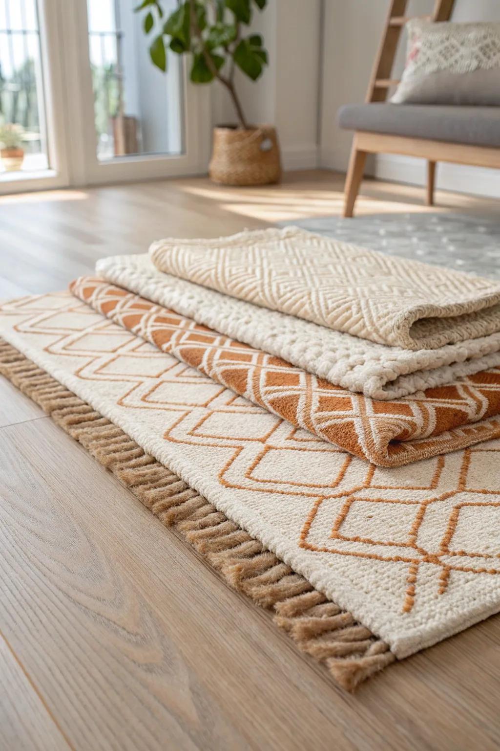 Layer two rugs on wood floors: flatweave base + plush topper for a cozy, high-traffic path.