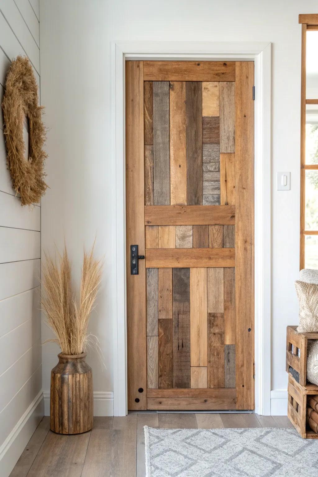 Reclaimed wood patchwork door skin—warm tones, saw marks, and a clean Scandinavian vibe.
