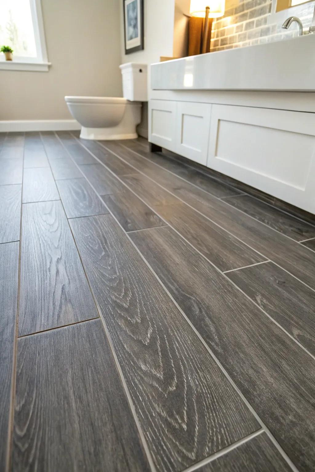 Moody charcoal wood-look tile with warm lighting—dramatic contrast for crisp white fixtures.
