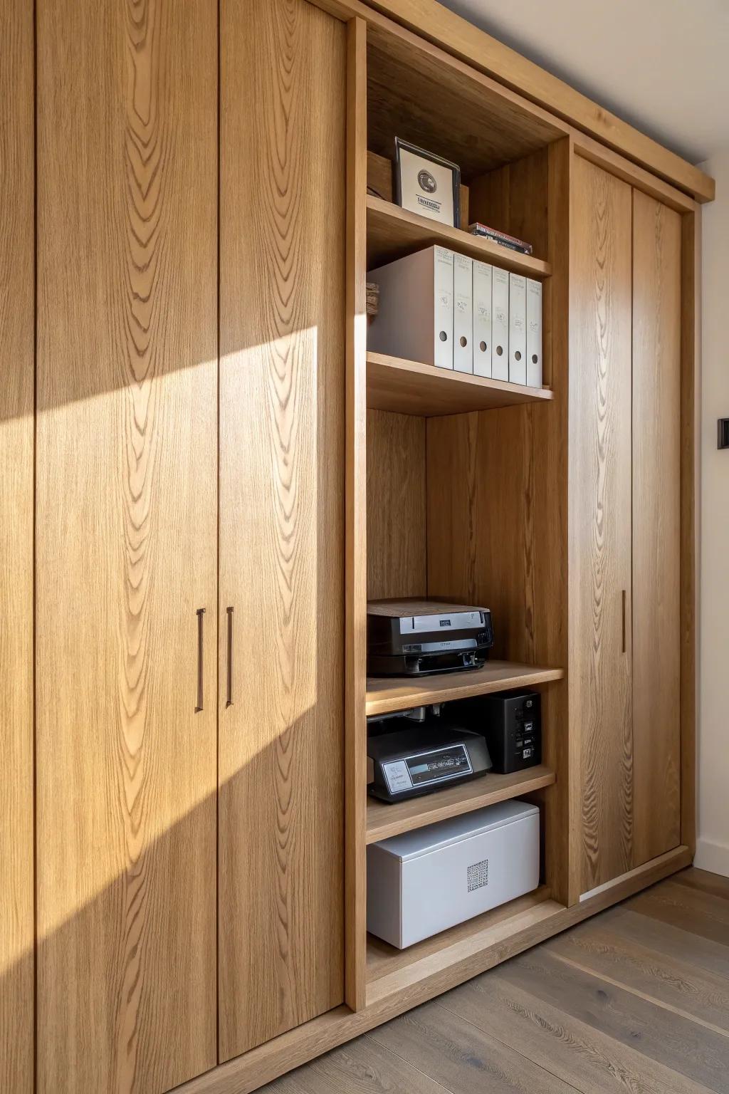 Flush oak panels that pop open—hidden storage for printers and chargers, beautifully out of sight.