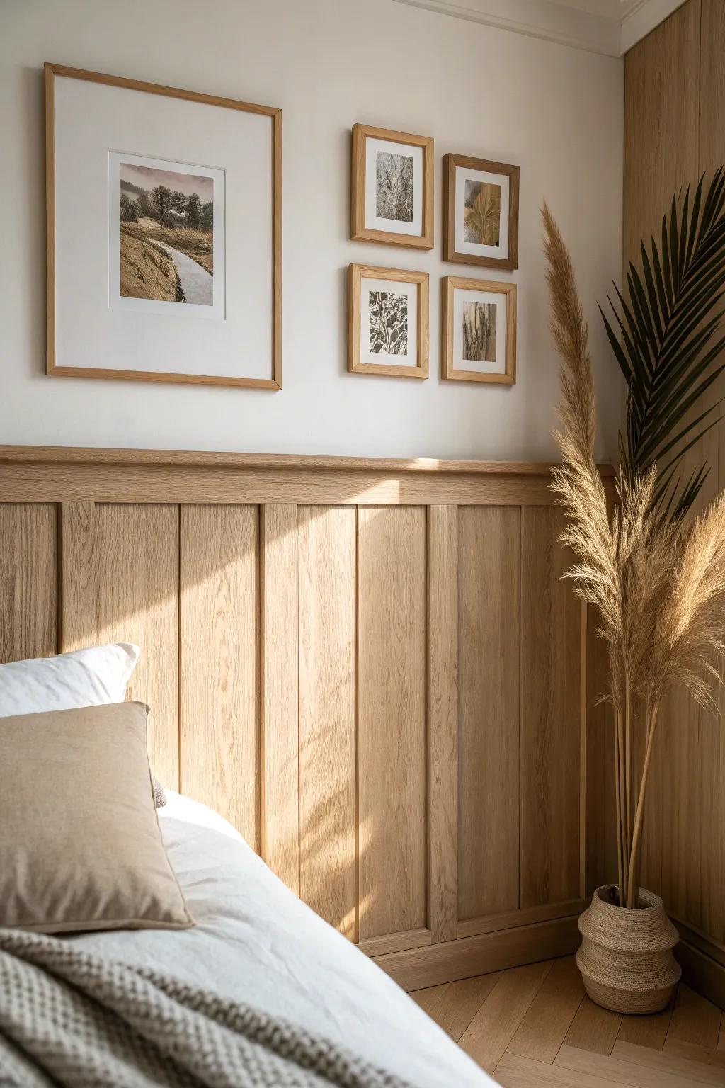 Picture-frame molding over oak paneling adds soft, classic bedroom elegance—no wallpaper needed.