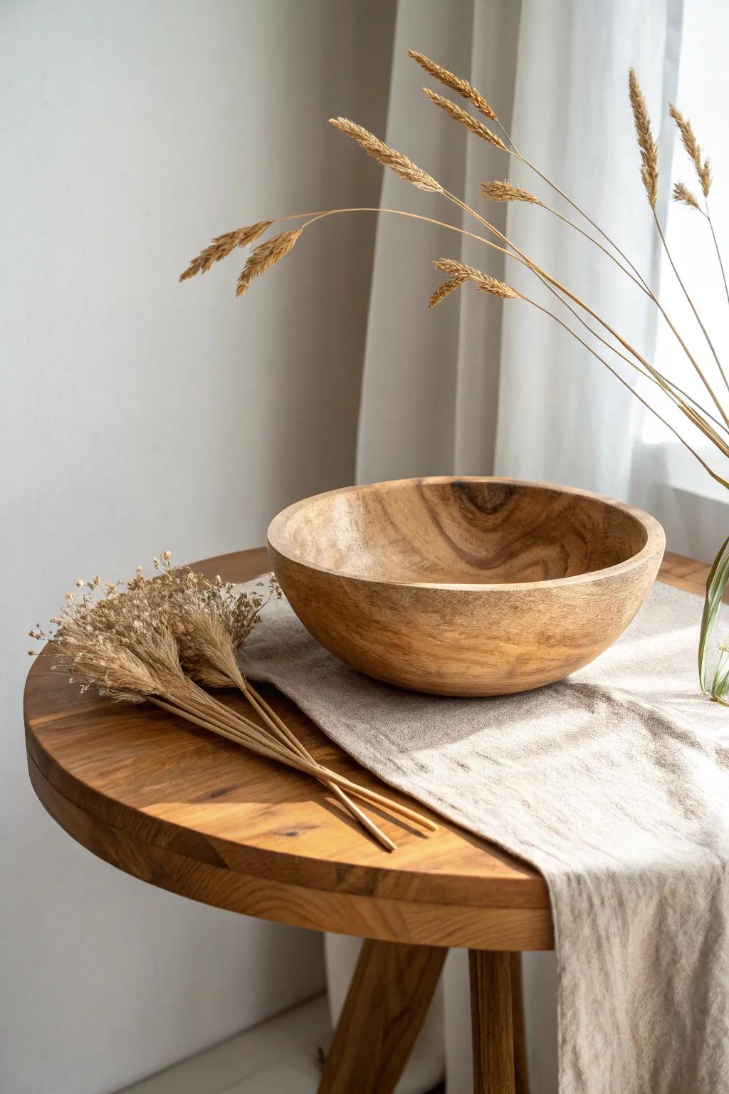 A carved dough bowl on a wood riser adds height, contrast, and instant designer charm.