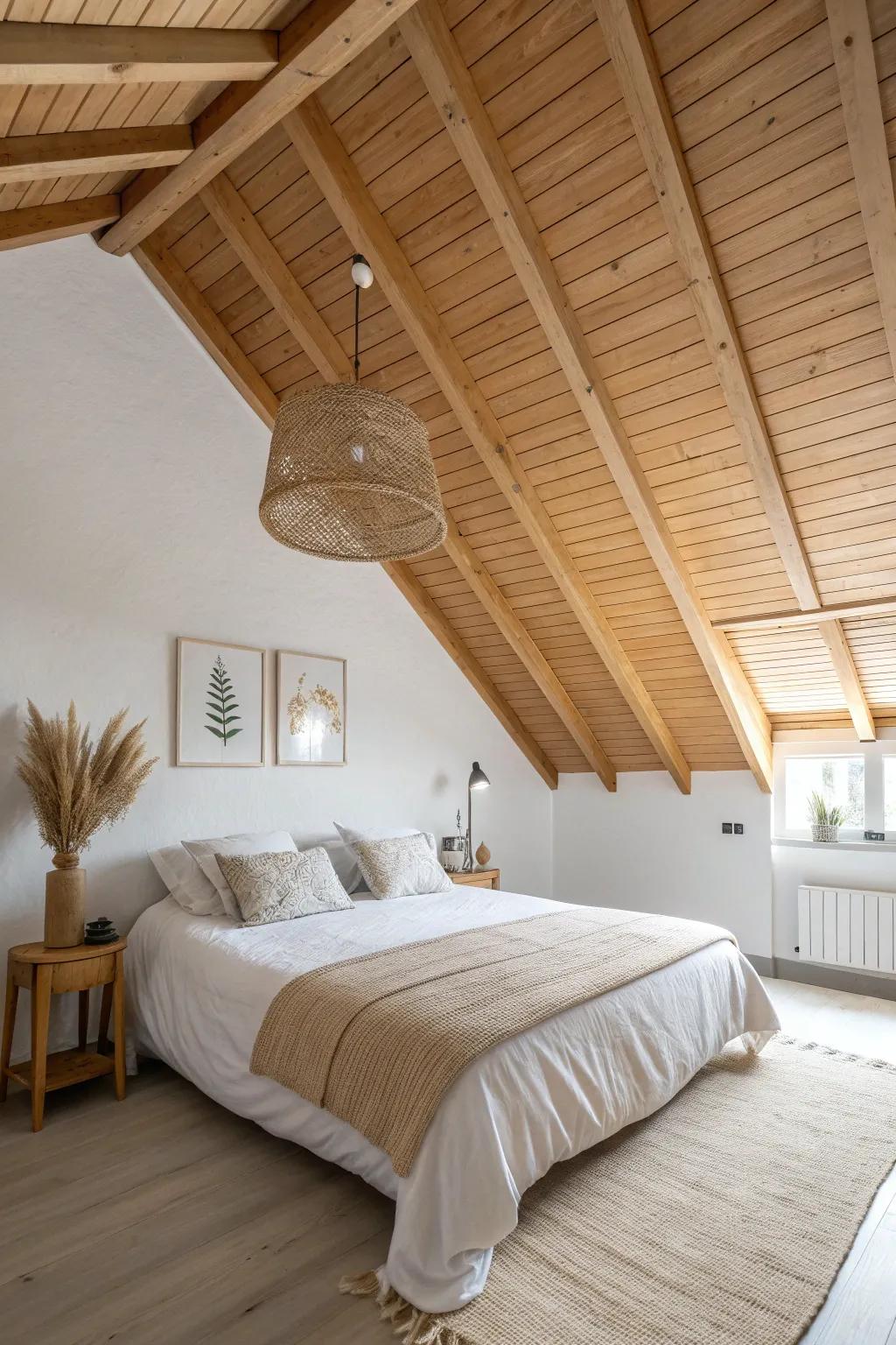 Diagonal oak slat ceiling that turns a simple room into art—clean, warm, and full of motion.