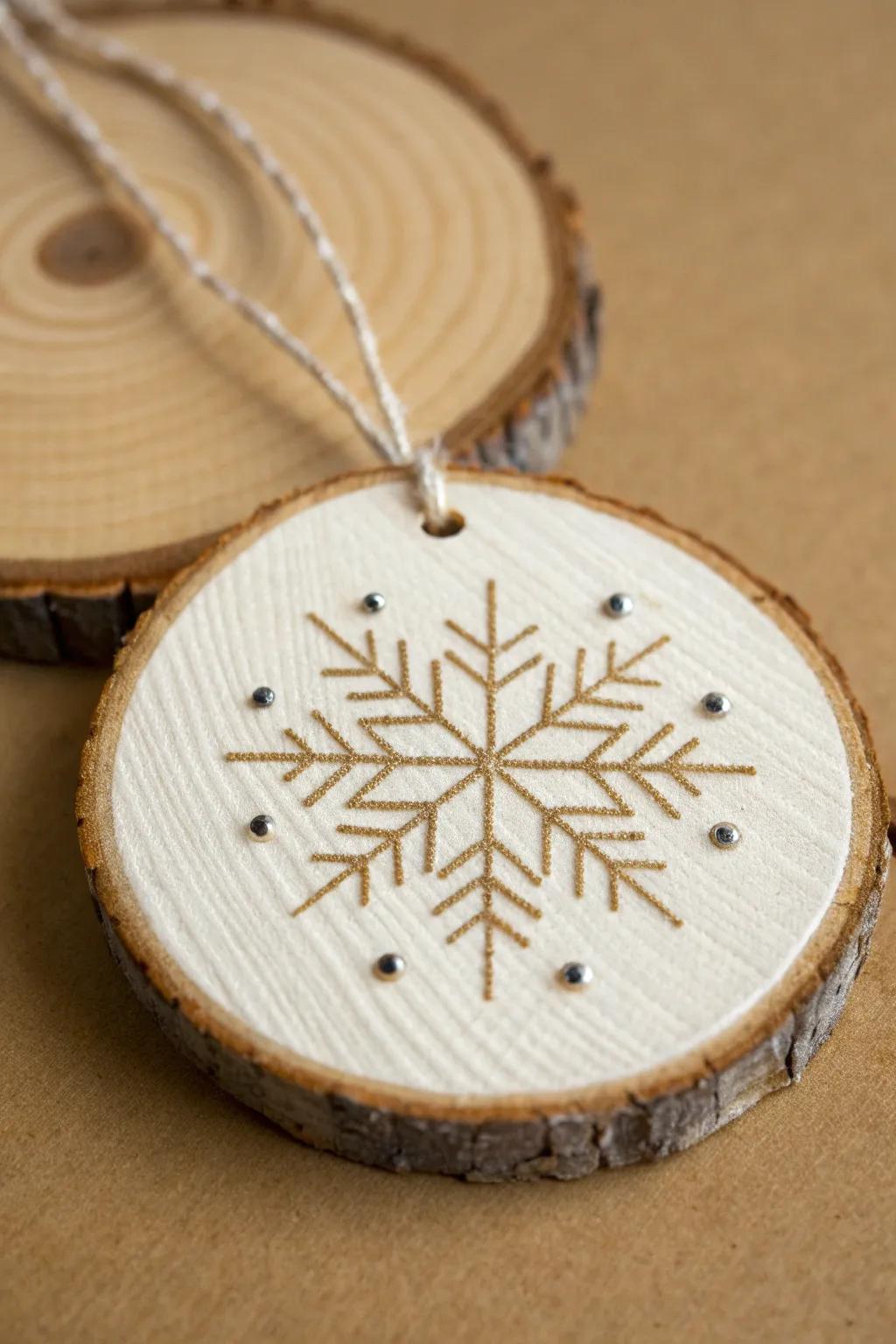 Stitch a soft yarn snowflake into a wood slice for the coziest minimalist ornament.