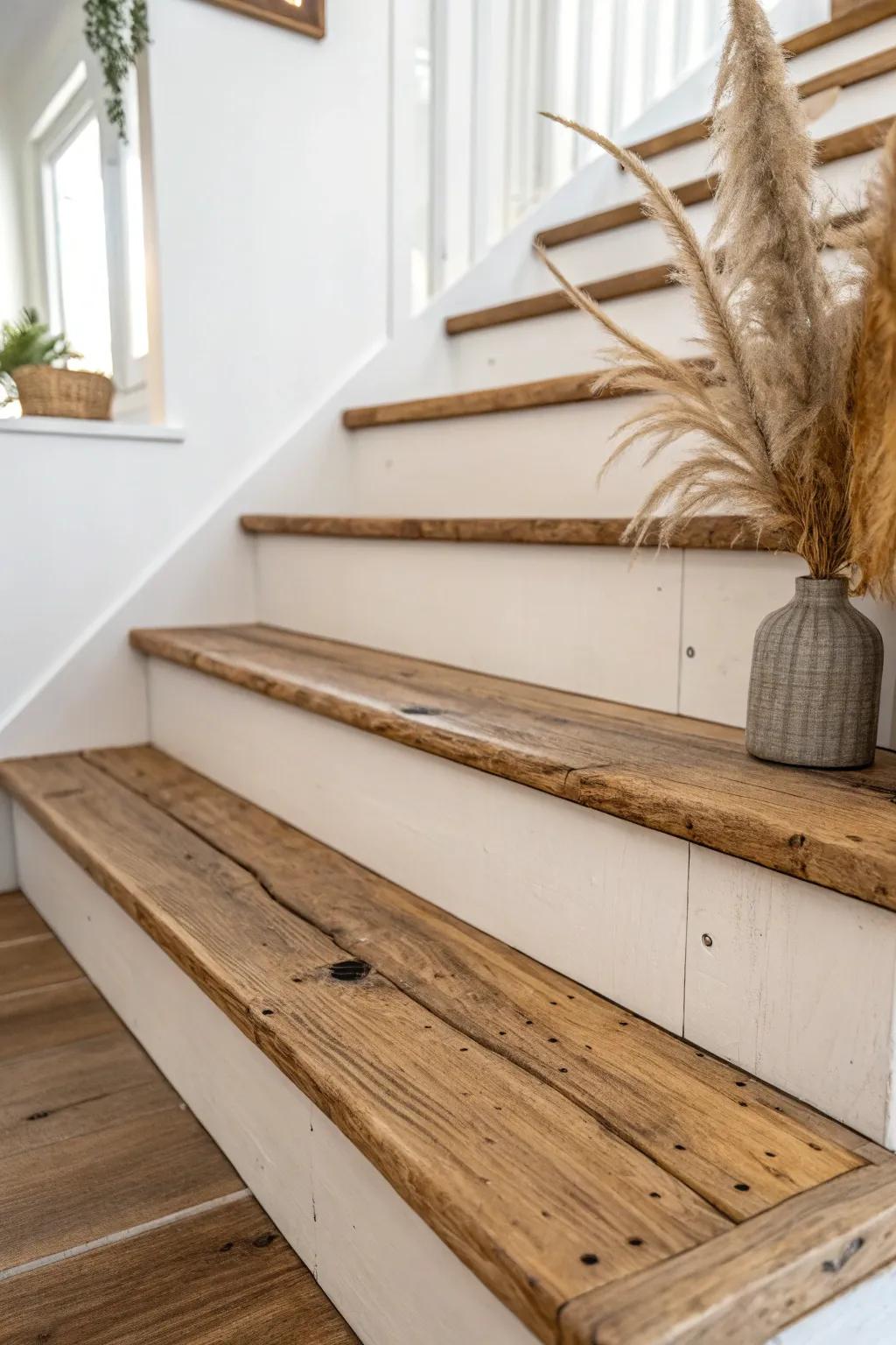Reclaimed wood stair tread with nail-hole patina—rustic character in a clean, calm stairway.
