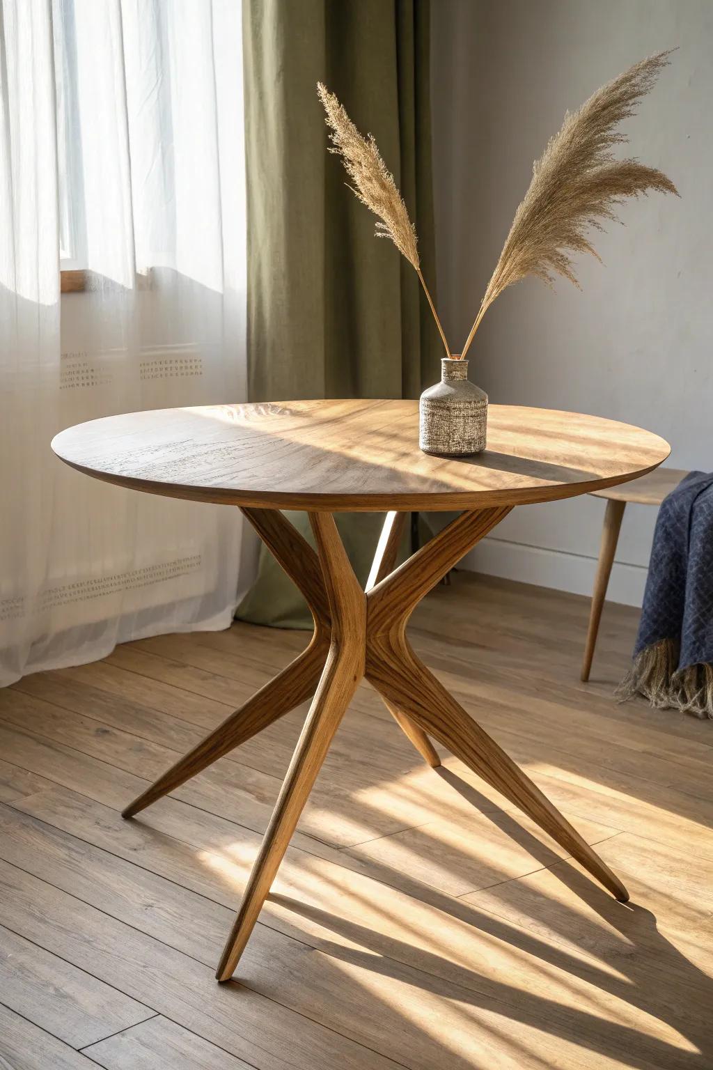 Spider-leg oak base: sculptural, stable, and a stunning centerpiece for a round coffee table.