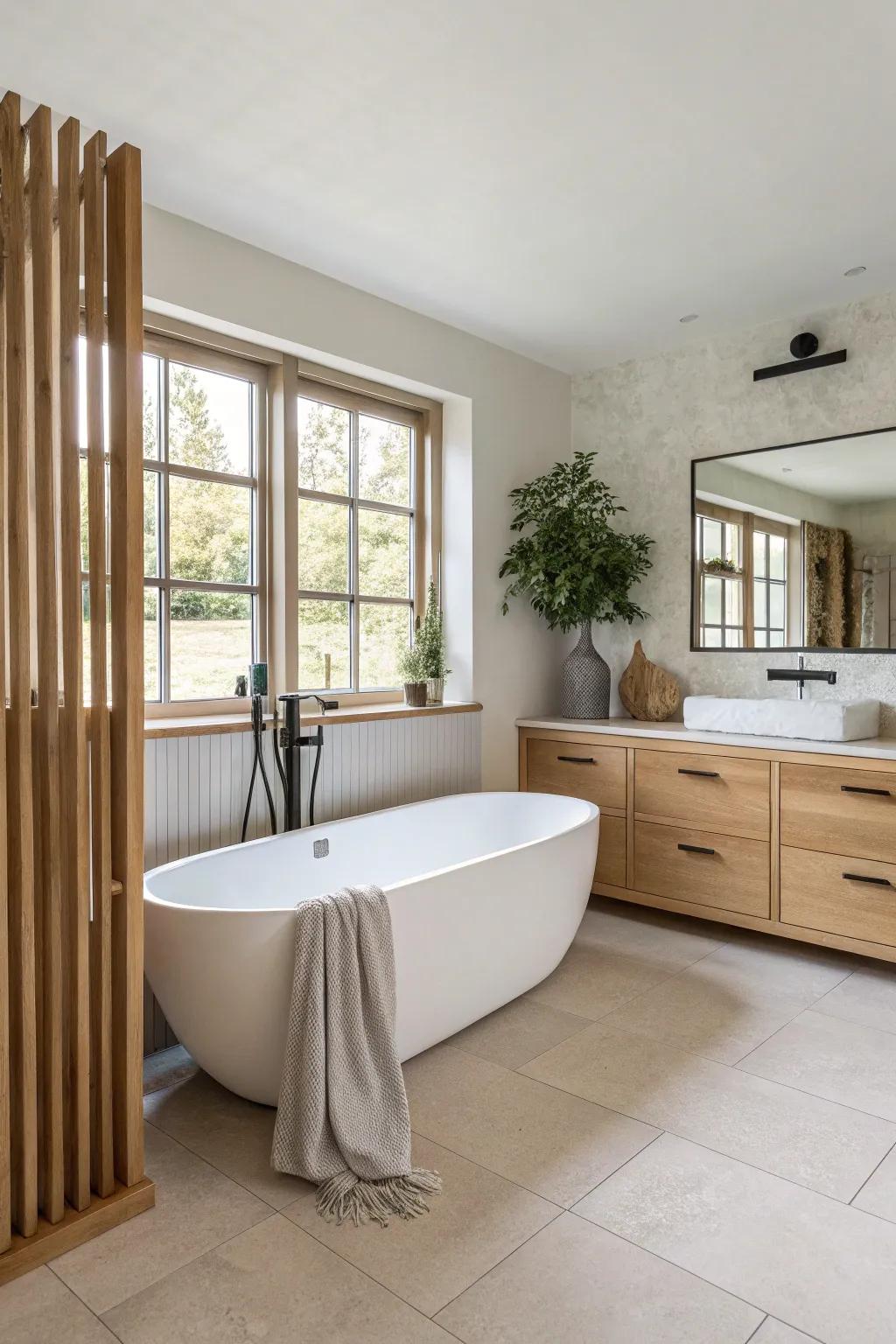 Repeat the same oak tone on vanity and tub surround for a calm, designer-cohesive bathroom.