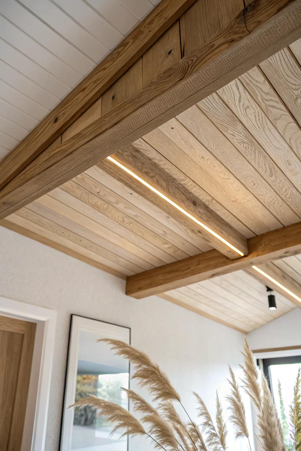 Hidden LED groove in an oak beam creates a warm vaulted-ceiling glow—clean, cozy, high-end.