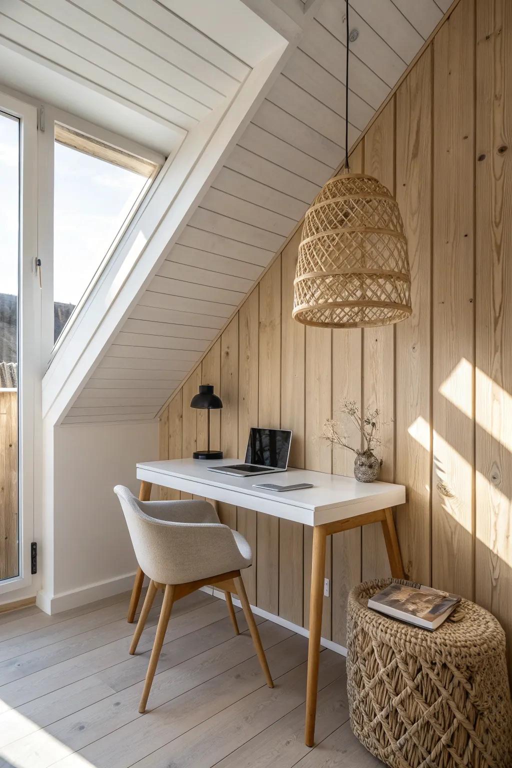 Diagonal oak planks add movement and make a small corner feel wider—clean, warm, and timeless.