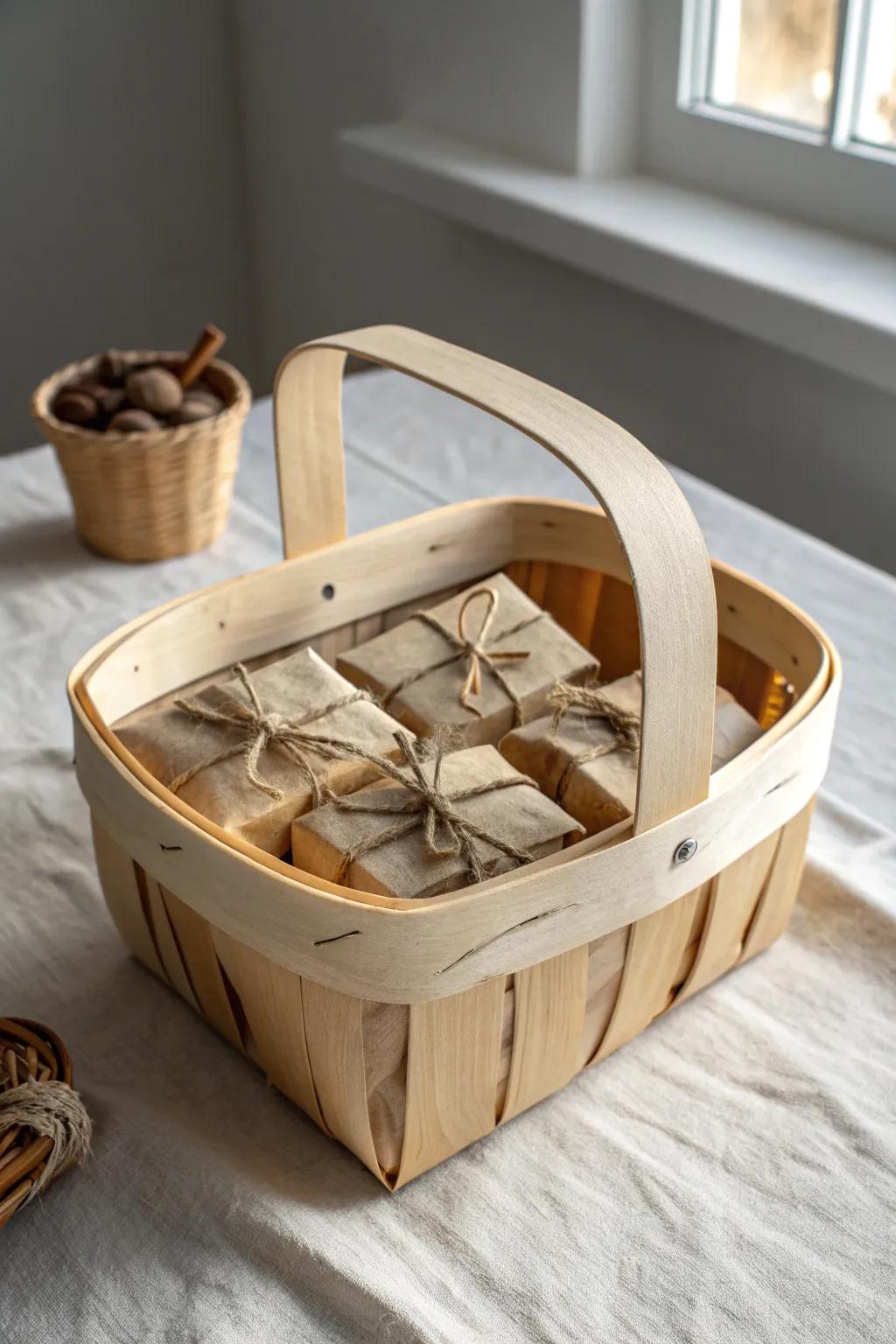 Handmade wooden gift basket hamper—simple slats, kraft wrap, twine, and cozy treats.