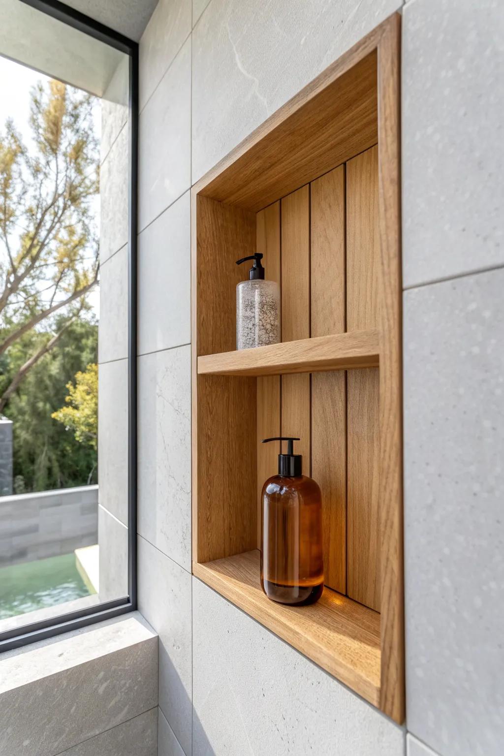 A built-in sealed wood shower niche that keeps bottles tucked away—warm, clean, and minimalist.