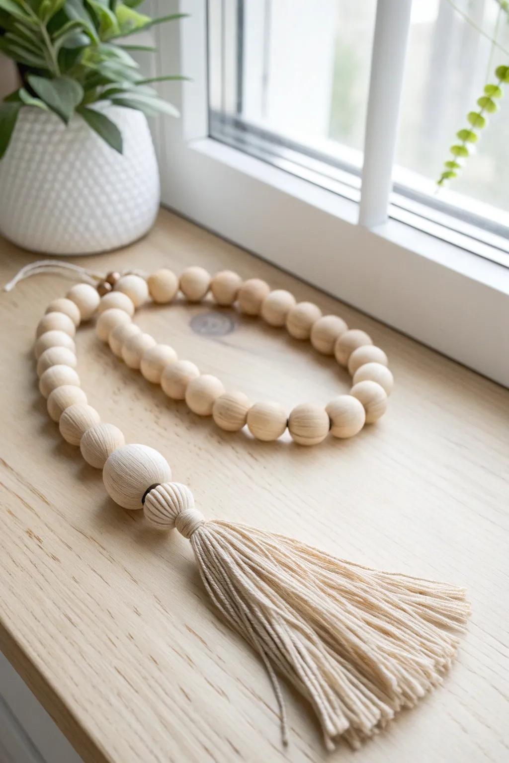 Oversized wooden bead loop adds bold, sculptural charm to minimalist Scandinavian decor.