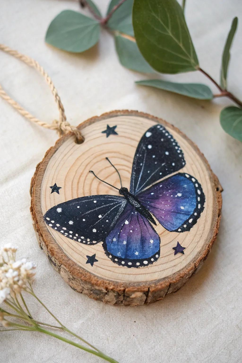 Night-sky galaxy butterfly on a wood slice—deep blues, purples, and starry details.