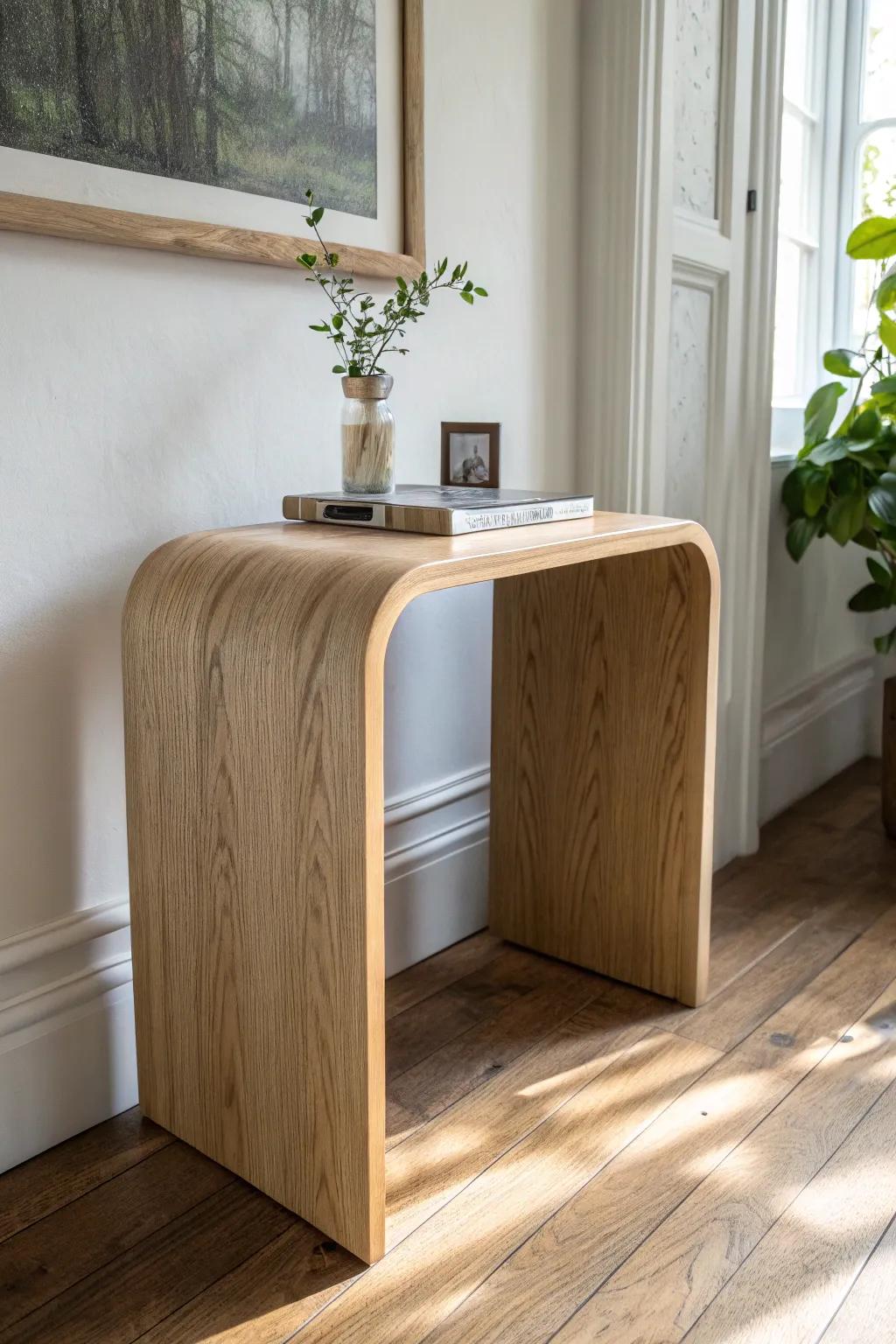 A seamless-grain waterfall corner table that hugs the wall—minimal, modern, and handmade.