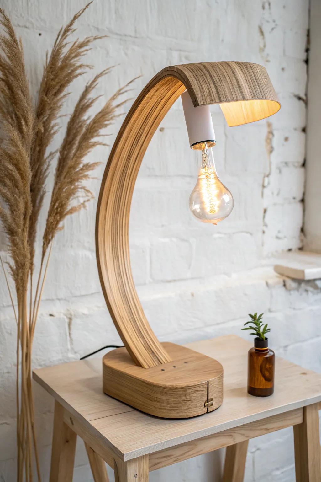 Bent plywood curve lamp with a warm glow—minimal, handmade, and effortlessly high-end.