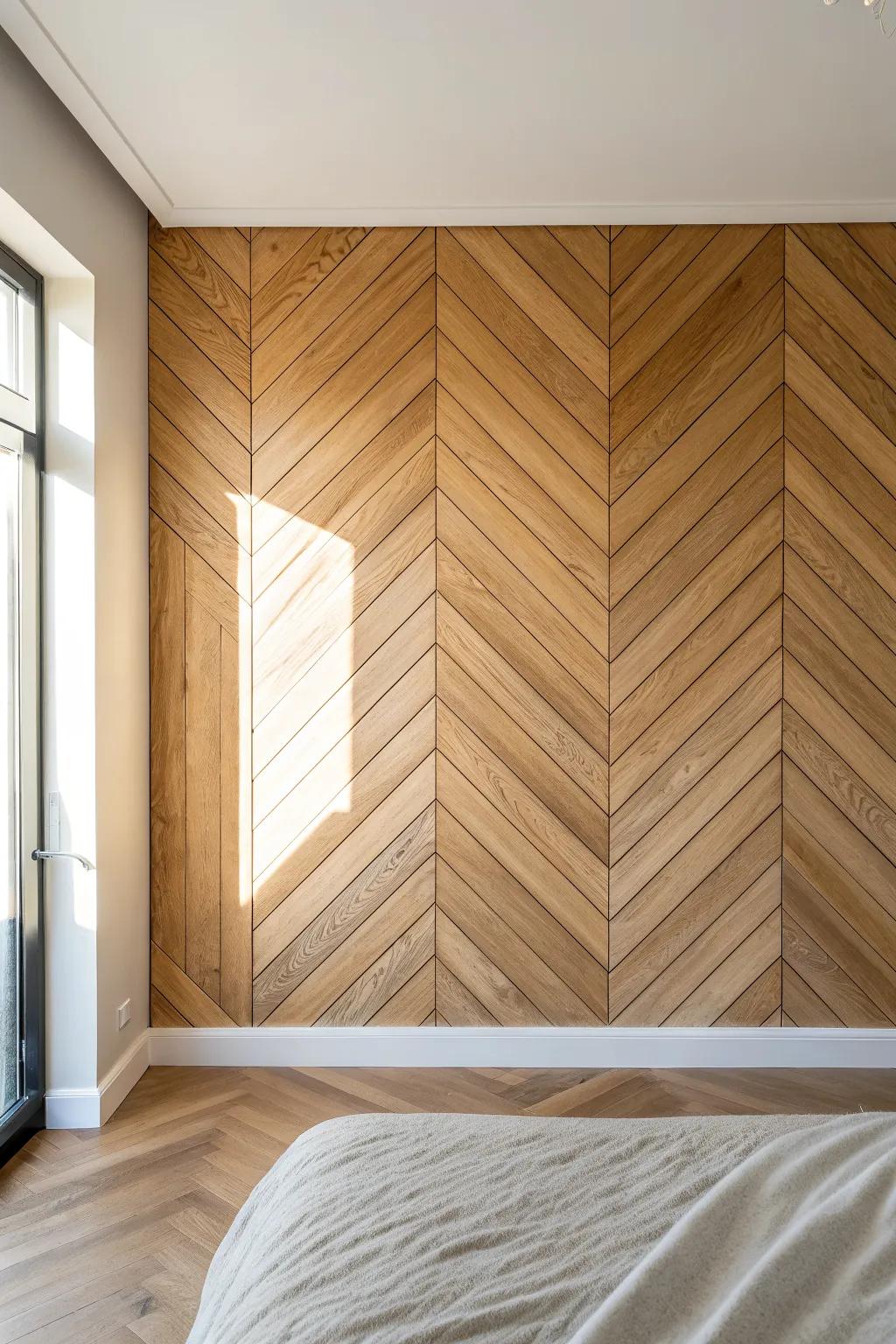 Light oak herringbone panel wall—Scandi minimalism with a soft boho touch behind the bed.