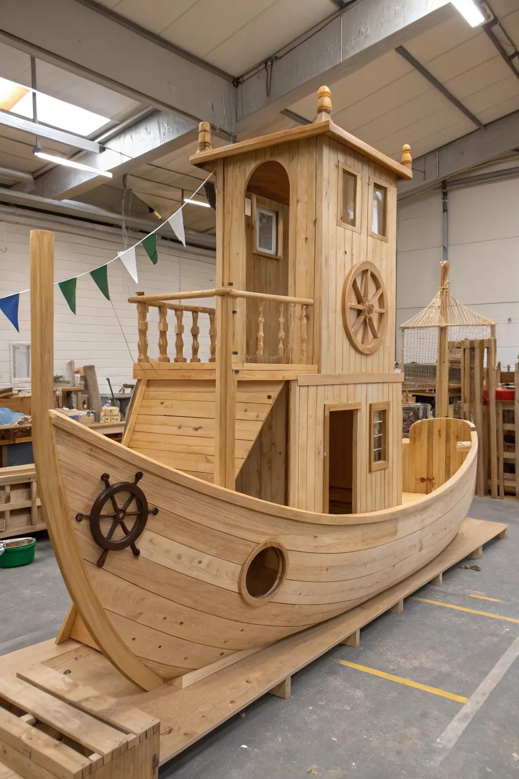 A minimalist wooden ship playset with portholes and wheel—pure nautical backyard magic.