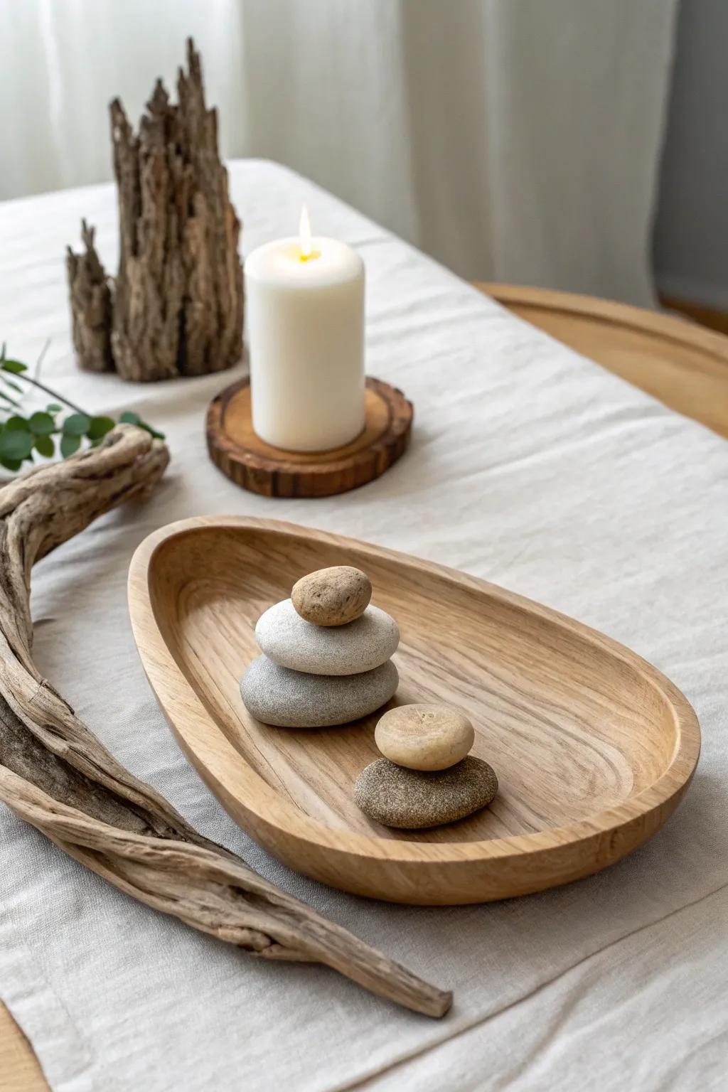 Zen tray centerpiece: smooth river stones, driftwood, and one candle for spa-like calm.