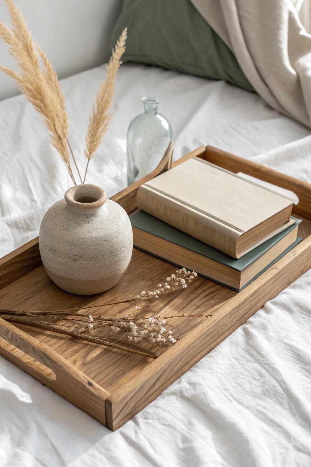 Elevate your wooden tray with a simple book riser for instant, designer-looking height.
