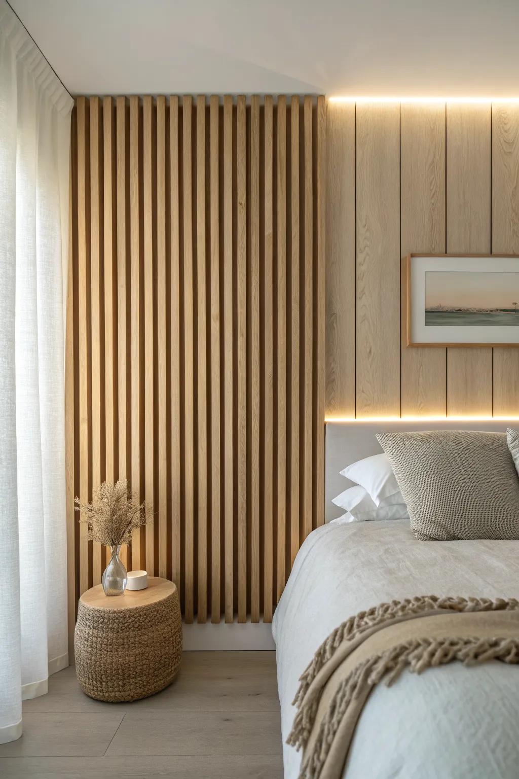 Warm hidden LED glow behind oak slats turns your bedroom wall into soft, hotel-style mood lighting.