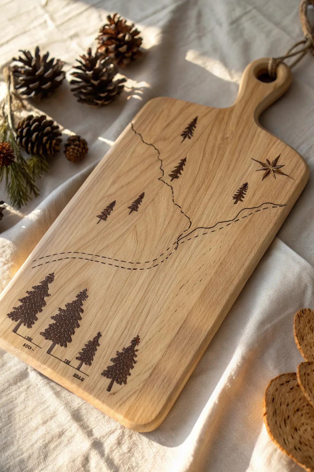 A wood-burned forest map serving board—minimal, cozy woodland decor with handcrafted charm.