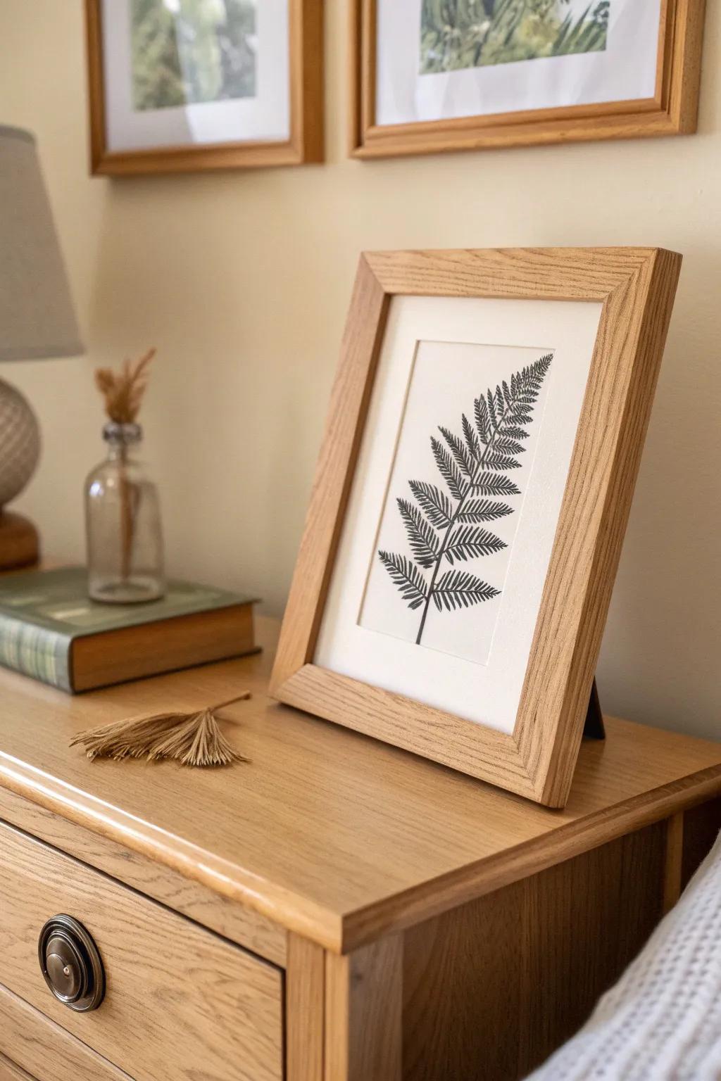 A crafted wood frame with a fern print—simple, warm, and perfectly woodsy for the bedroom.