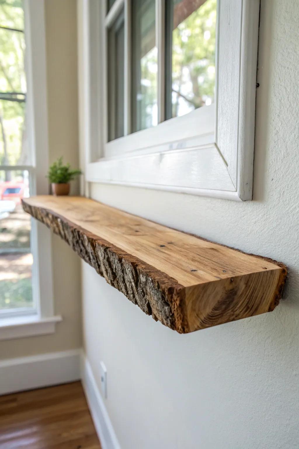 Bark-edge floating shelf for a modern cabin feel—clean lines, rich texture, and natural contrast.