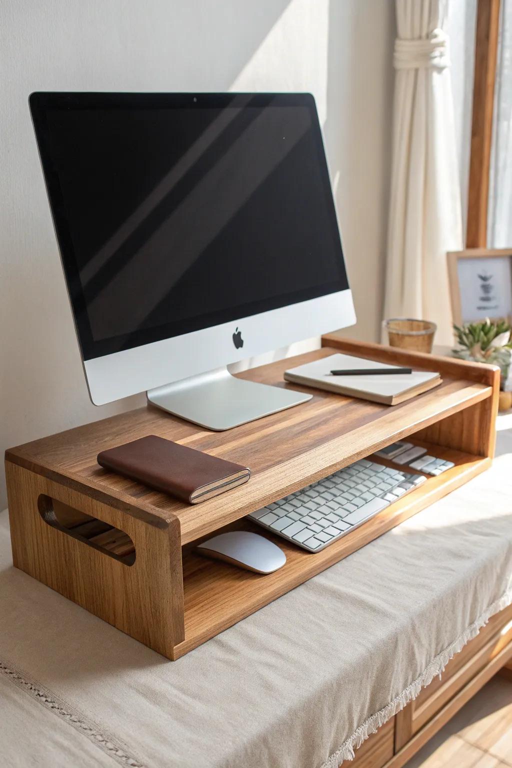 A simple scrap-wood monitor riser shelf that instantly organizes your work-from-home desk.