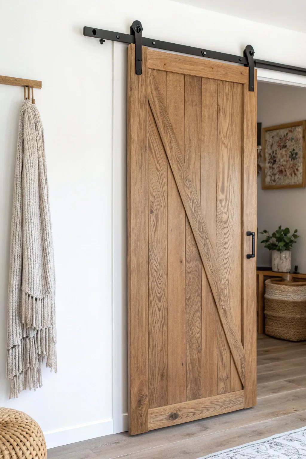 Space-saving sliding pantry door in warm reclaimed oak—minimal hardware, maximum character.