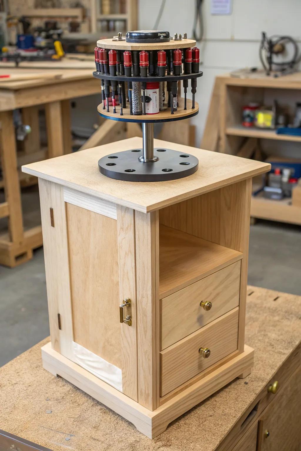 Spin-to-find router bit carousel cabinet—minimal, warm wood storage for a calm workshop.