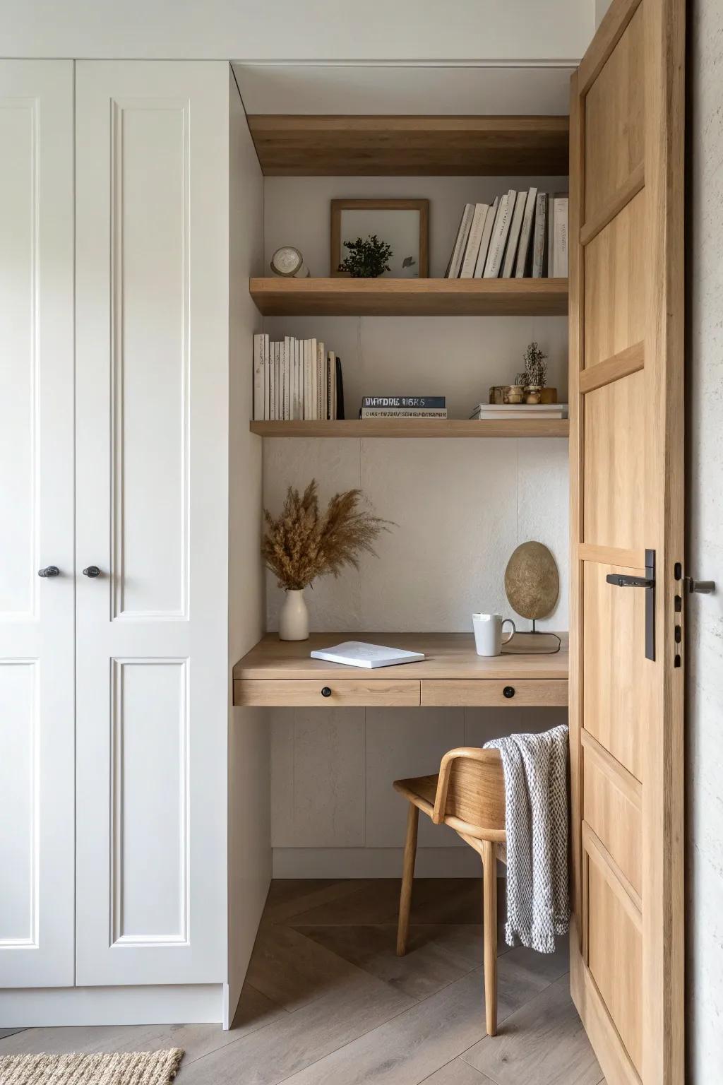 A closet workstation that closes up fast—light oak, calm lines, and doors that hide the mess.