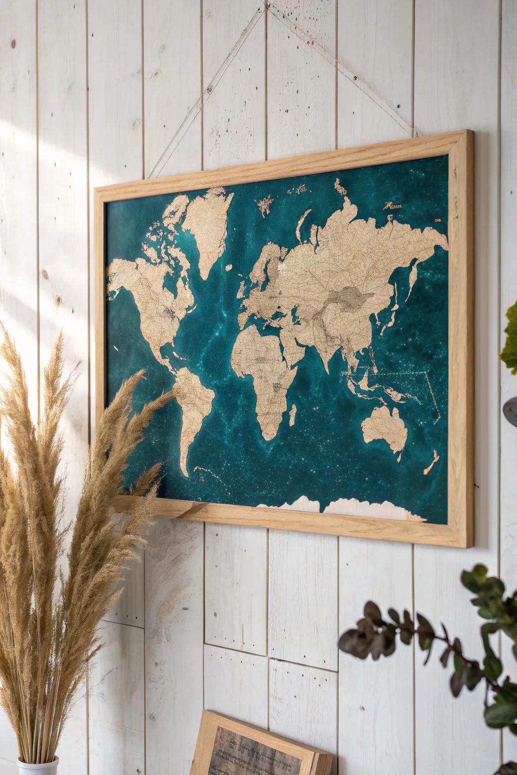 Cork continents meet a glossy resin ocean—an elegant, pin-ready world map statement.