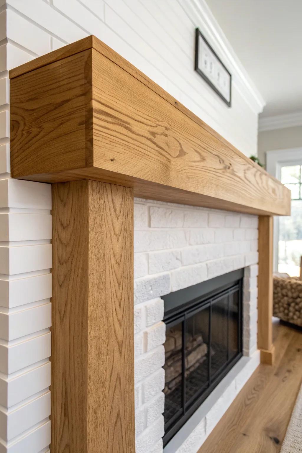 Grain-wrapped corner mantel: a solid-beam illusion with a near-invisible mitered seam.