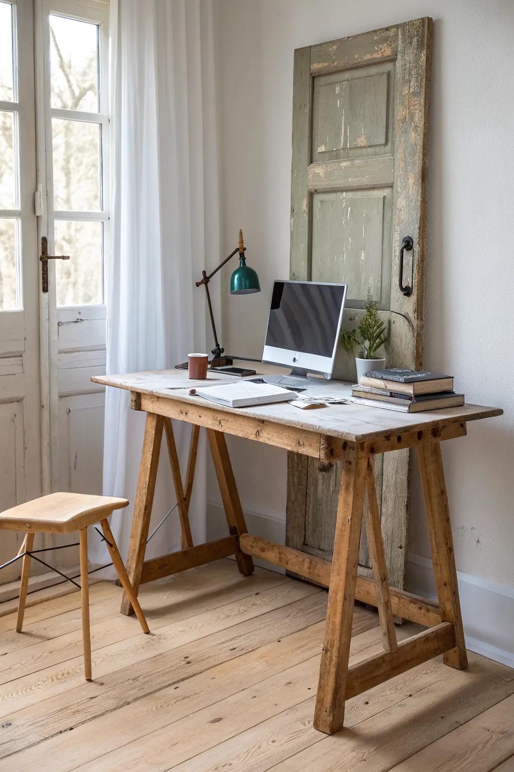 A reclaimed door desk with patina and clean lines—minimal, warm, and full of stories.