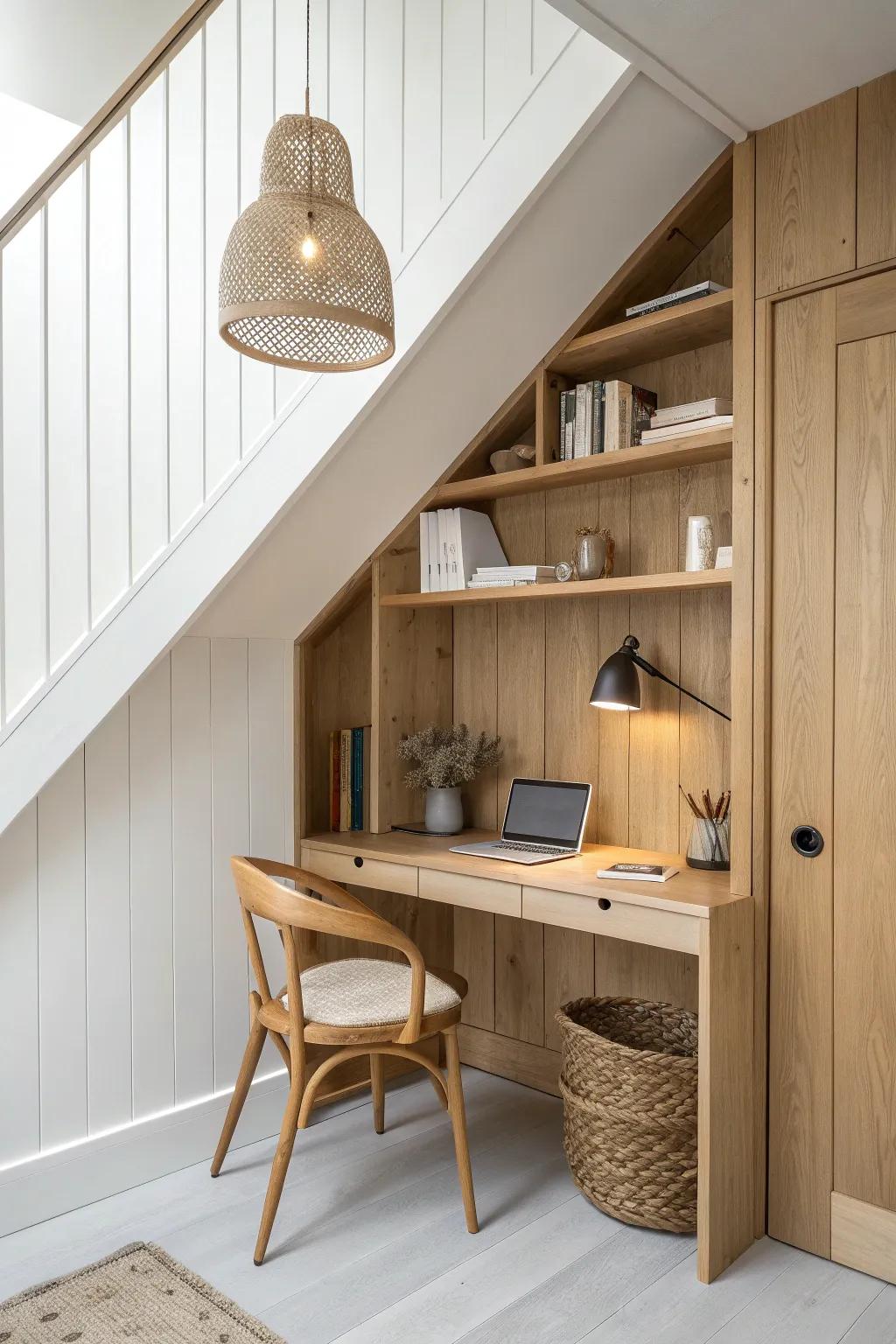 A secret under-stairs writing nook in light oak—built-ins, paneling, and calm Scandinavian glow.