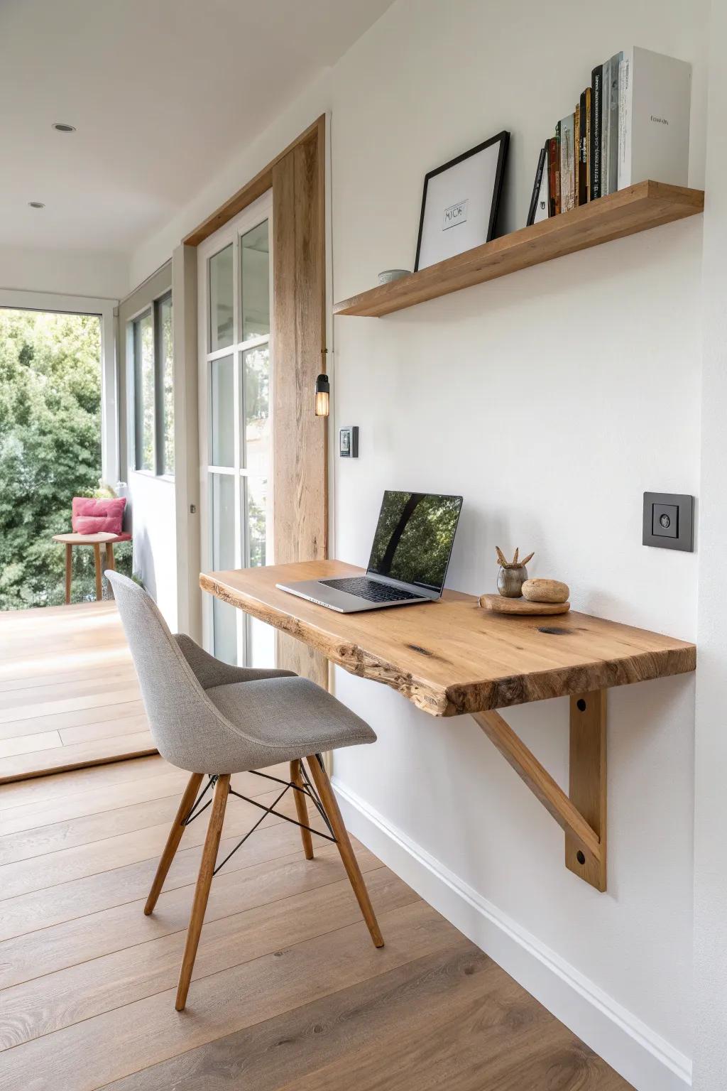 A fold-up slab-wood desk turns a narrow 12x32 tiny house wall into a calm work nook.