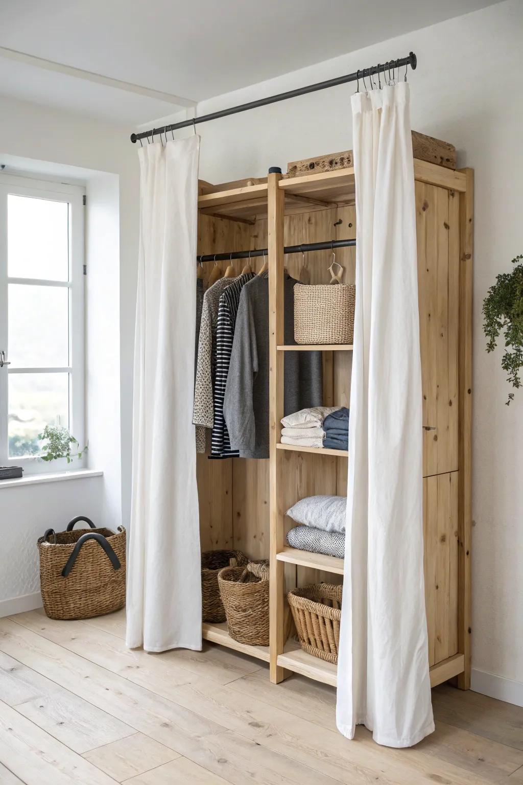 A clean 2x4 open closet softened with a linen curtain—airy shelves, clutter hidden in seconds.