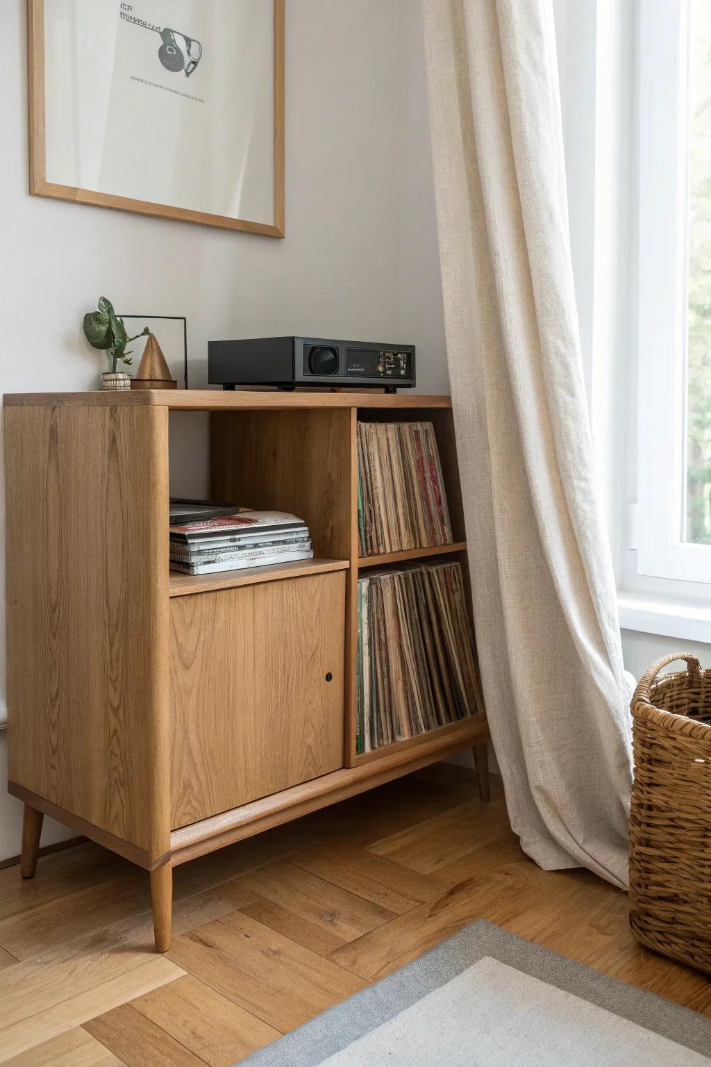 A hidden closet listening nook: oak record cabinet behind a linen curtain—calm and clever.