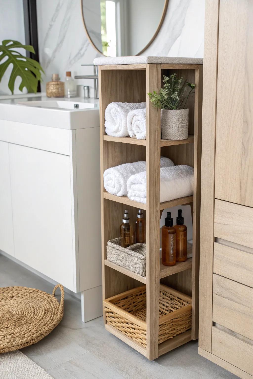 Slim 9-inch pull-out linen cabinet—rolled towels and toiletries in a calm, spa-like space.