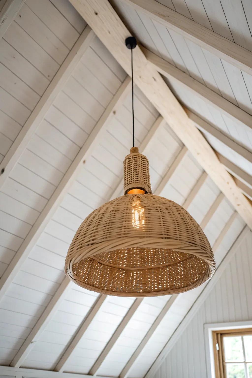 A statement pendant at the A-frame peak adds warmth, intimacy, and crafted Scandinavian calm.