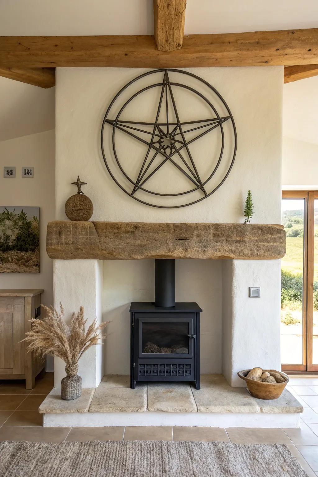 Aged black metal art pops above a chunky wood mantel for striking fireplace contrast.