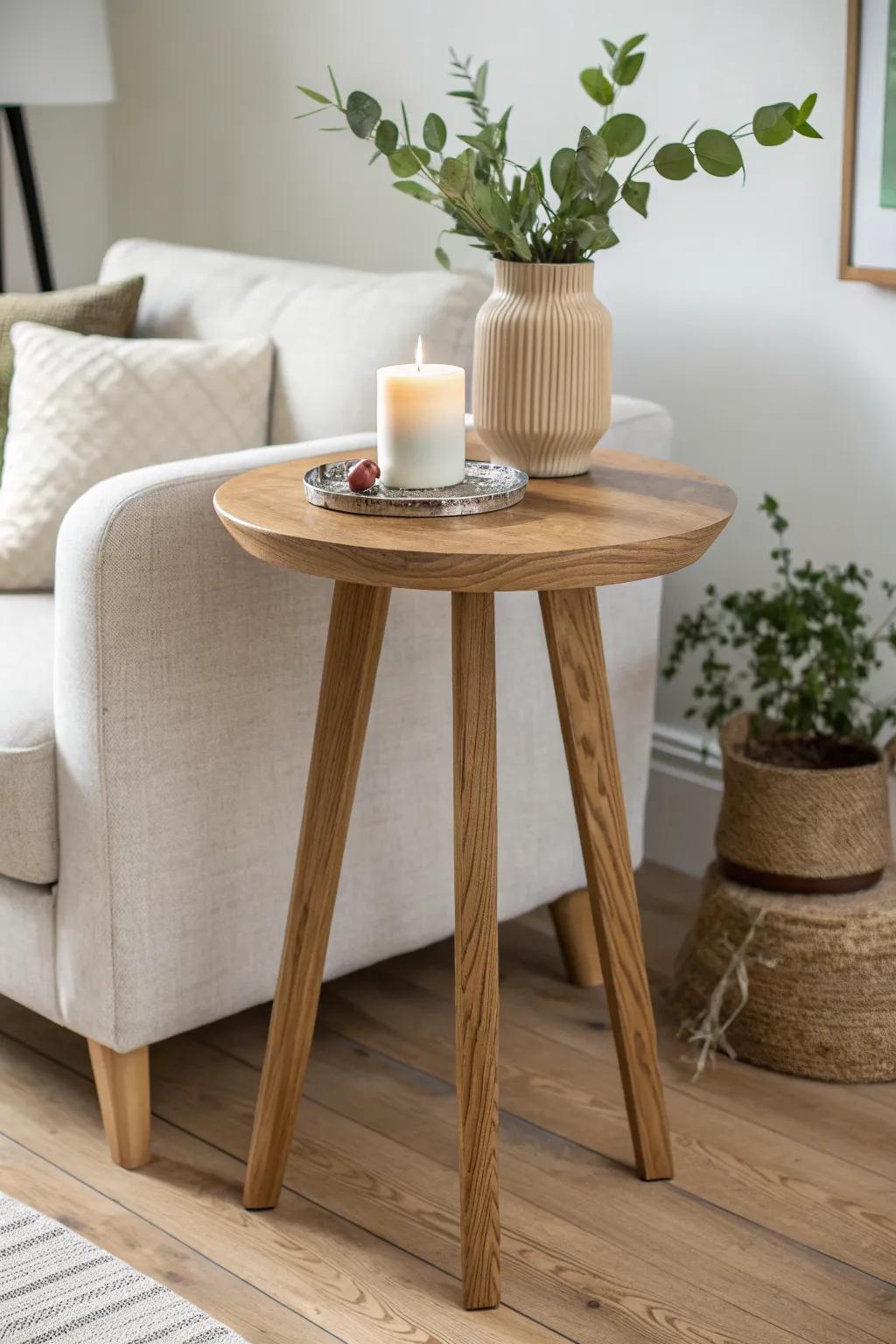 A plant stand-meets-accent table: warm oak, soft light, and a trailing plant for calm boho vibes.